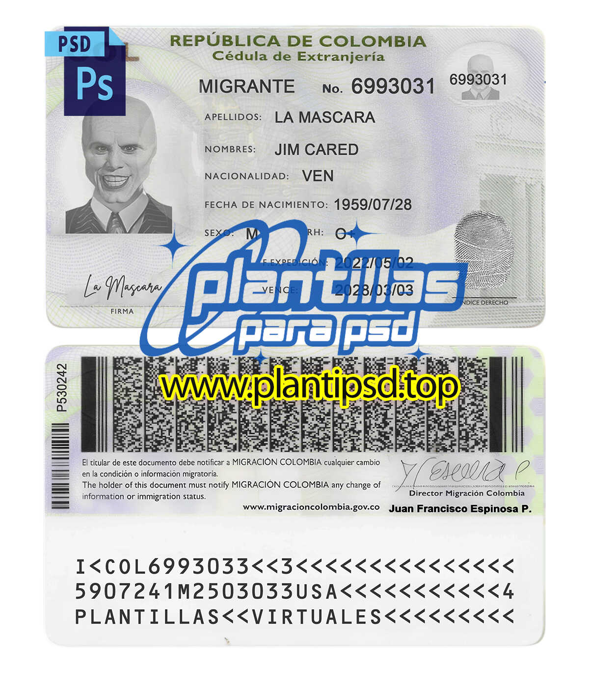 Cedula de Extranjeria Colombia – Plantilla Digital Editable en Photoshop