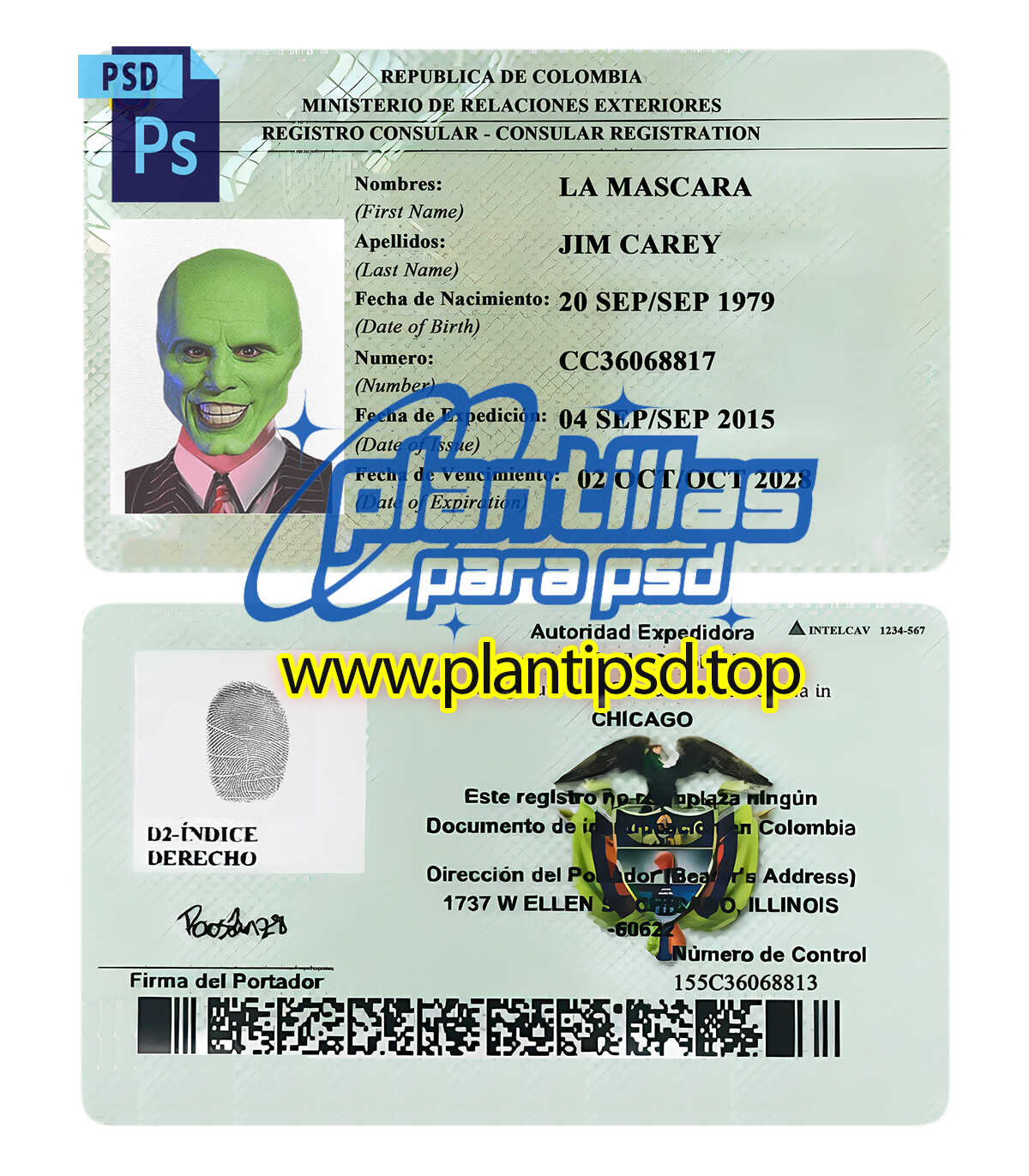 Matricula Consular Colombia – Plantilla Digital Editable en Photoshop