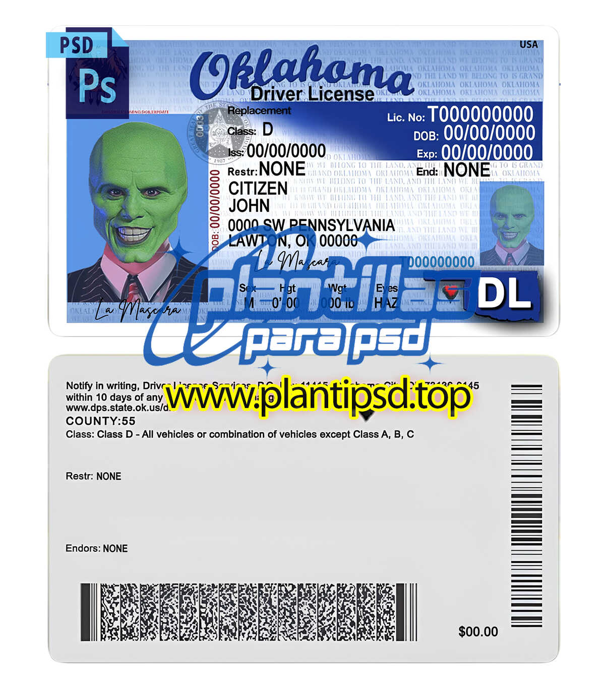 Licencia de Conducir de Oklahoma USA Versión 2  – Plantilla Digital Editable en Photoshop