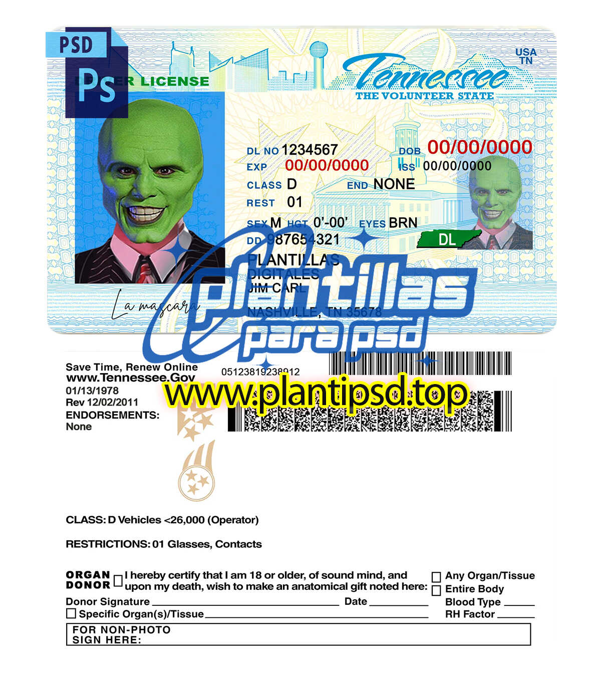 Licencia de Conducir de Tennessee USA Versión 2 – Plantilla Digital Editable en Photoshop